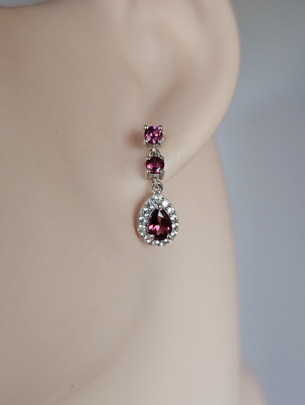 Tanzanian Wine Garnet & White Zircon Earrings in Rhodium & Sterling Silver 2 Cts - Picture 8 of 8